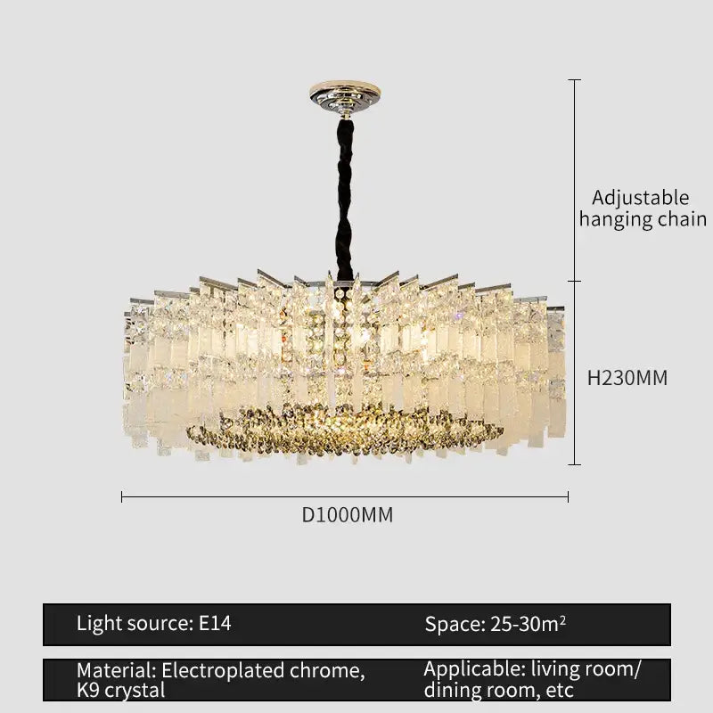 Modern rectangular chrome crystal light dining room chandelier with tiered clear and golden k9 crystals by decorbites crystal light