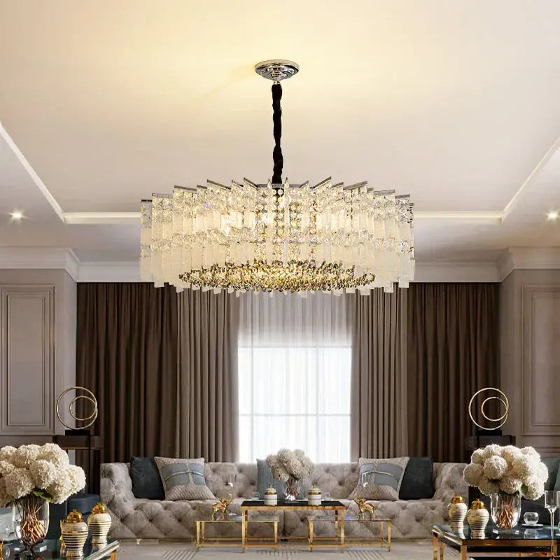 Modern rectangular chrome crystal light dining room chandelier with cascading prisms and black braided cord by decorbites crystal light