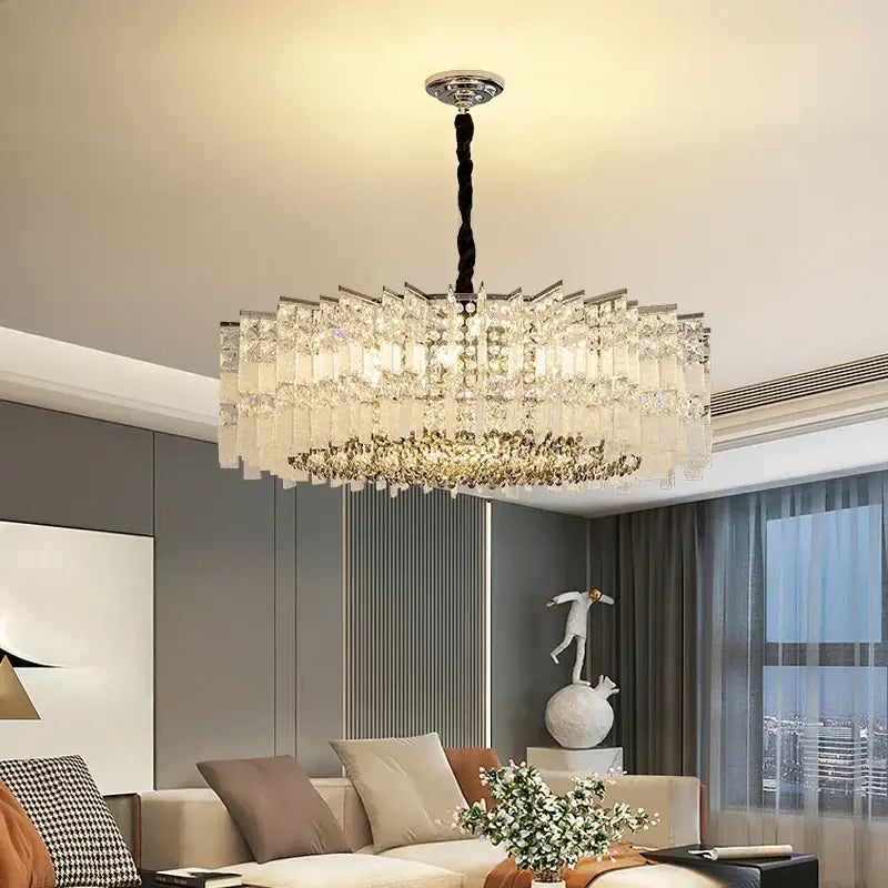 Modern rectangular chrome crystal light dining room chandelier with tiered glass panels and dangling crystals by decorbites crystal light