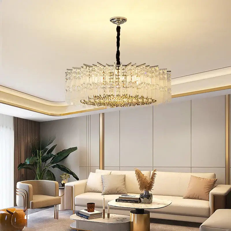 Modern rectangular chrome crystal light chandelier with cascading clear glass prisms for dining room decorbites crystal light