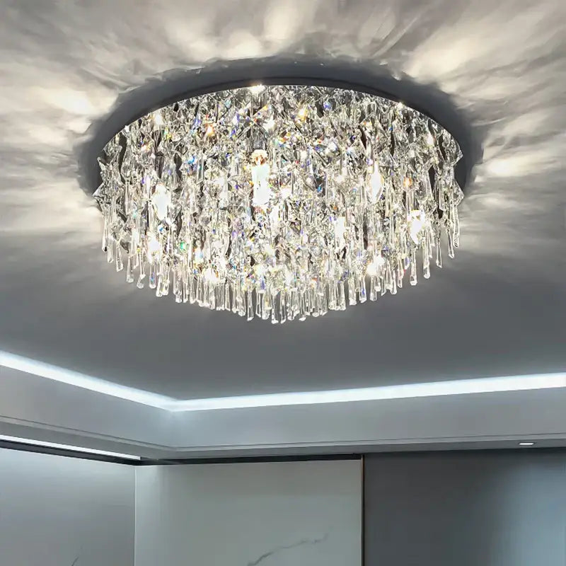 Modern black decorbites crystal light ceiling light with cascading clear glass prisms and sleek metal frame for living room