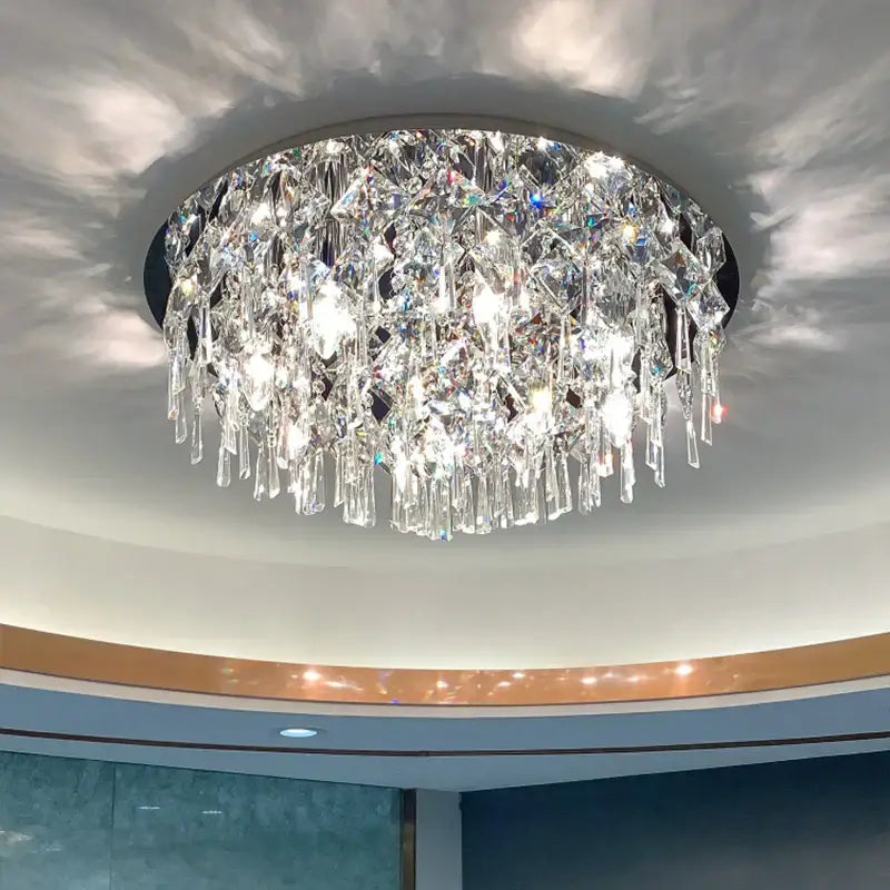 Modern black decorbites crystal light ceiling light with cascading clear glass prisms and faceted crystals on black frame