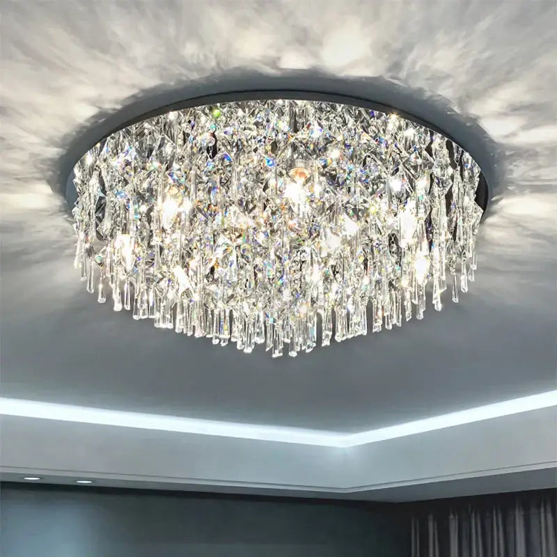 Modern black decorbites crystal light living room chandelier with circular frame and cascading clear crystal prisms ceiling light
