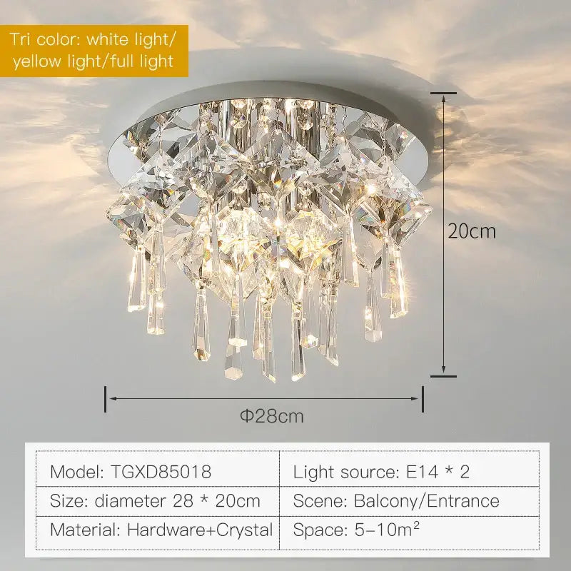 Modern black decorbites crystal ceiling light with sleek chrome base and cascading faceted crystals offering tri-color lighting