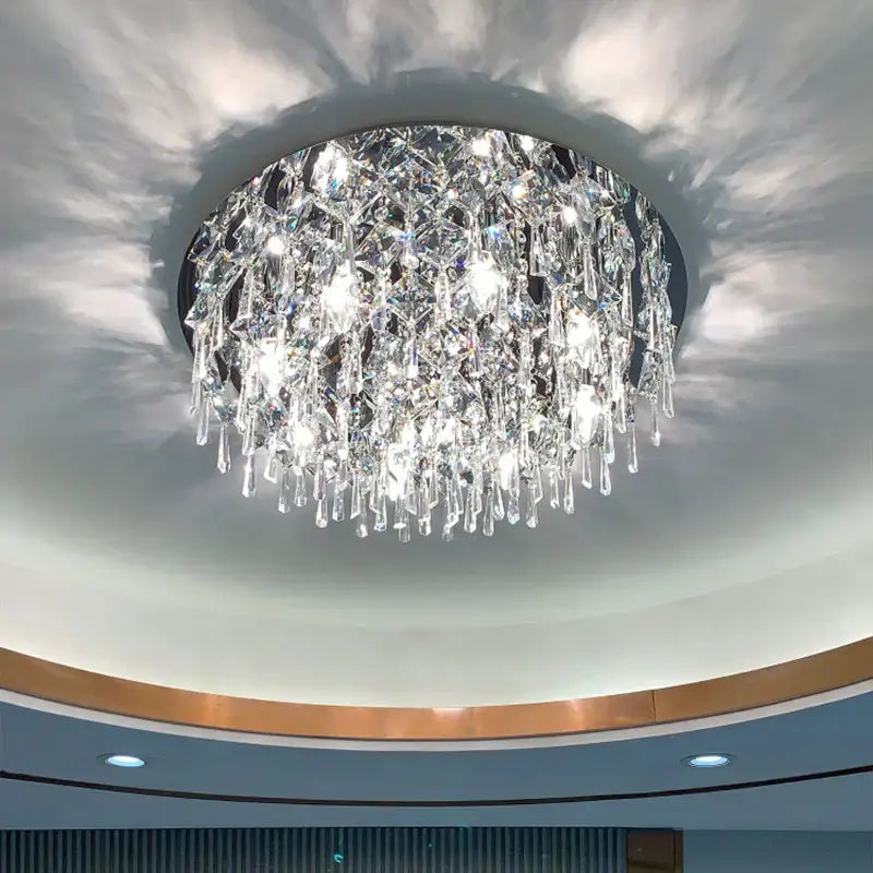 Modern black decorbites crystal ceiling light chandelier with cascading teardrop prisms and sleek circular frame