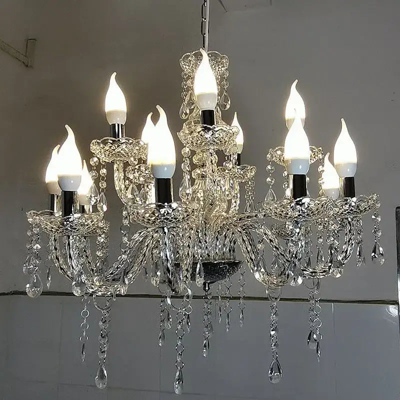 European style decorbites crystal light pendant light with lit candle bulbs and teardrop crystals for wedding hall decor