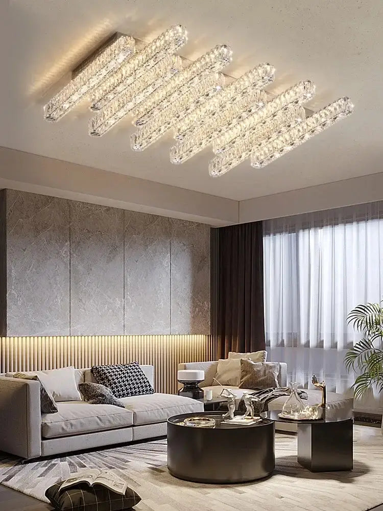 Modern crystal liner ceiling chandelier with sleek angular design and multiple illuminated bars for dining room decorbites crystal liner
