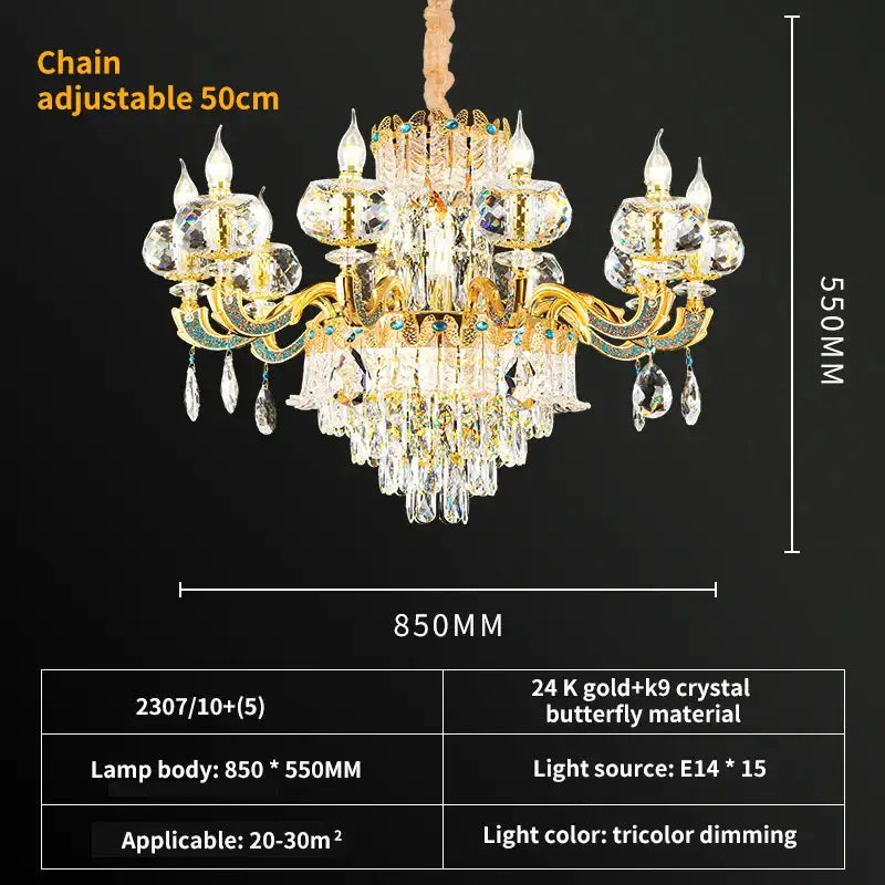 Grand multi tier gold crystal chandelier with butterfly arms and tricolor dimming light for crystal living room