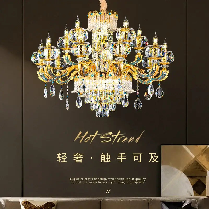 Grand multi tier gold crystal chandelier adorned with clear and multicolored crystals for crystal living room decor