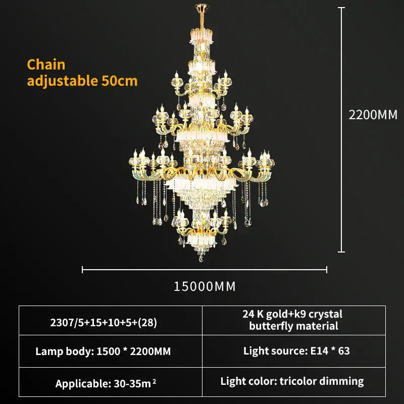 Grand multi tier gold crystal chandelier with 24k gold butterfly and tricolor dimming light for crystal living room