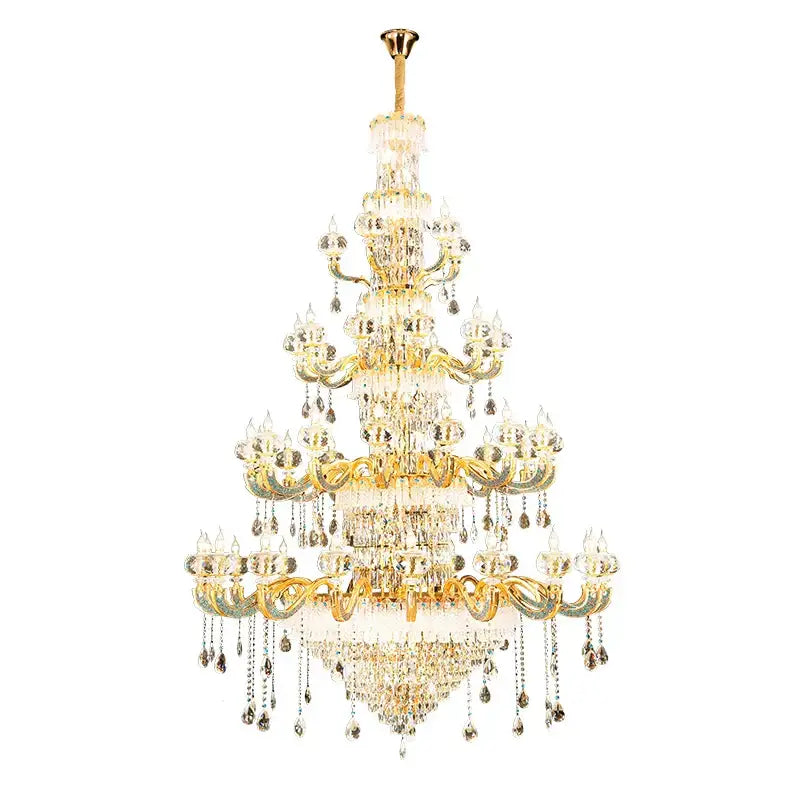 Grand multi tier gold crystal chandelier with ornate arms and droplets for elegant crystal living room decor