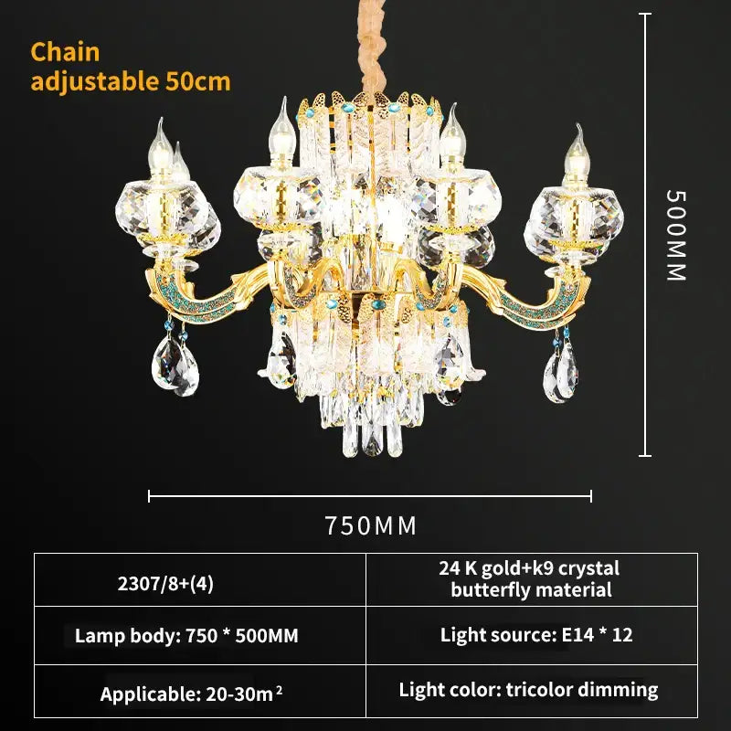 Grand multi tier gold crystal chandelier with 24k gold butterfly design and turquoise accents for crystal living room