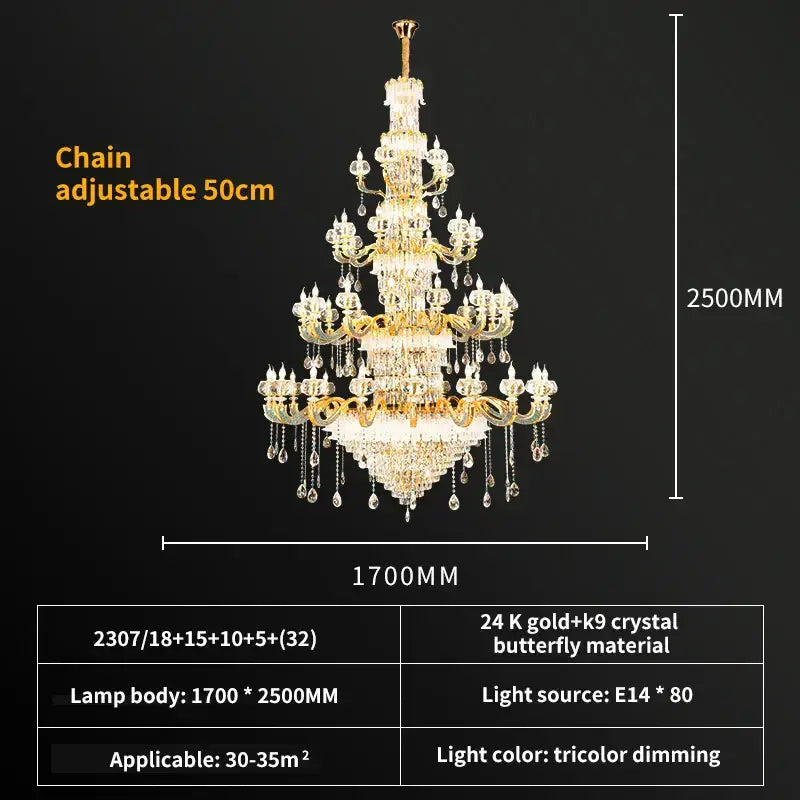 Grand multi tier gold crystal chandelier with 24k gold butterfly and adjustable chain for elegant crystal living room lighting