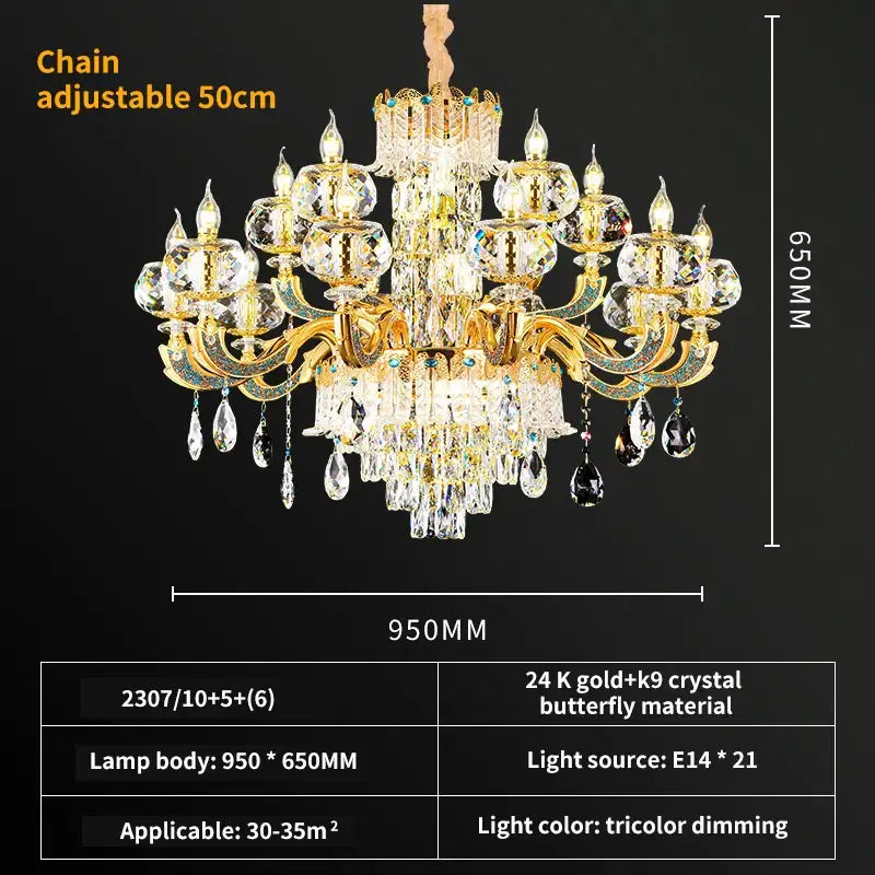 Grand multi tier gold crystal chandelier featuring 24k gold butterfly design with clear crystals for crystal living room