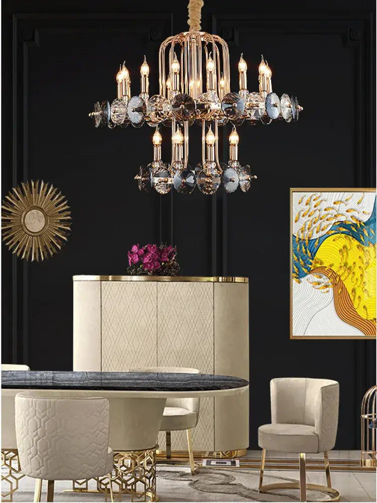 Luxury gold crystal living decorbites chandelier with multiple tiers of candle bulbs for elegant crystal living room decor