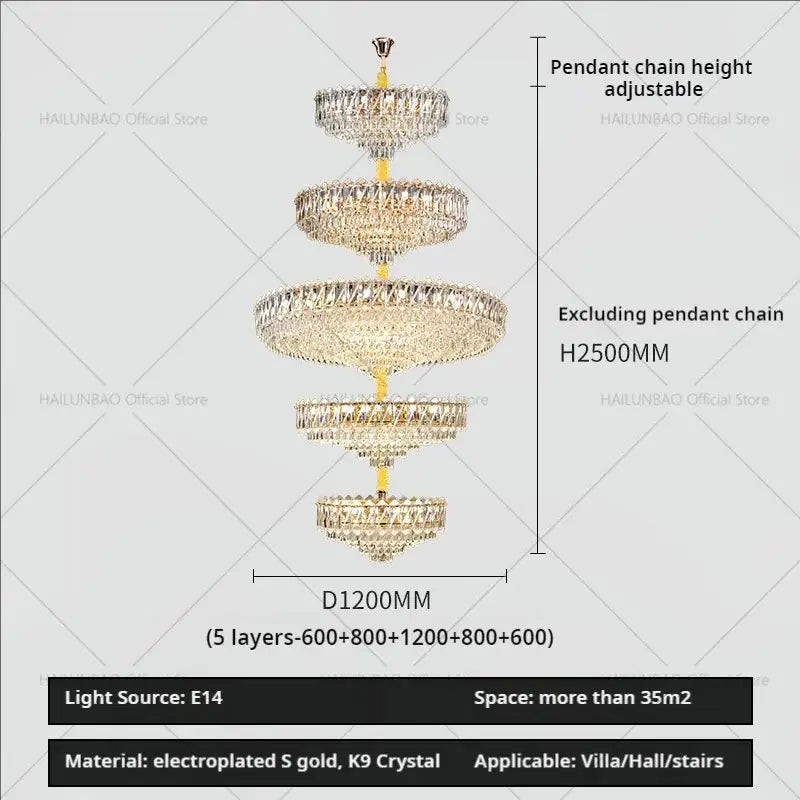 Modern gold multi tiered crystal living room chandelier with five ornate crystal encrusted circular layers and adjustable chain