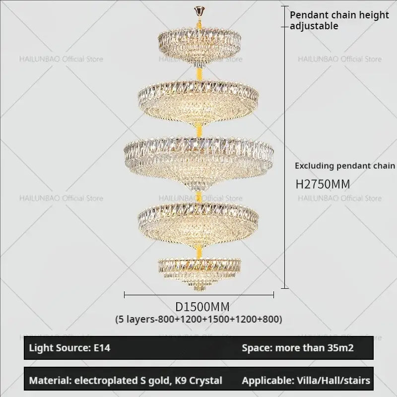 Modern gold multi tiered crystal living room chandelier with five concentric layers of k9 crystal by decorbites crystal living