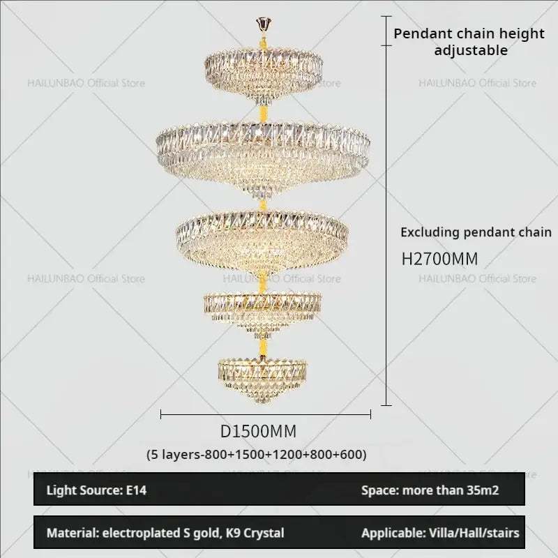 Modern gold multi tiered crystal living room chandelier with five concentric k9 crystal layers and electroplated gold finish