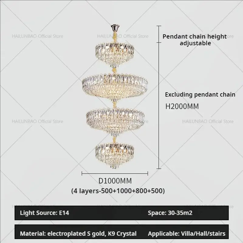 Modern gold multi tiered crystal living room chandelier with four k9 crystal tiers suspended by an adjustable chain