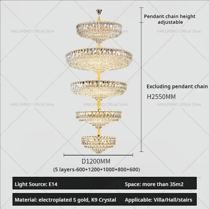 Modern gold multi tiered crystal living room chandelier with five concentric layers of sparkling k9 crystals on a gold frame