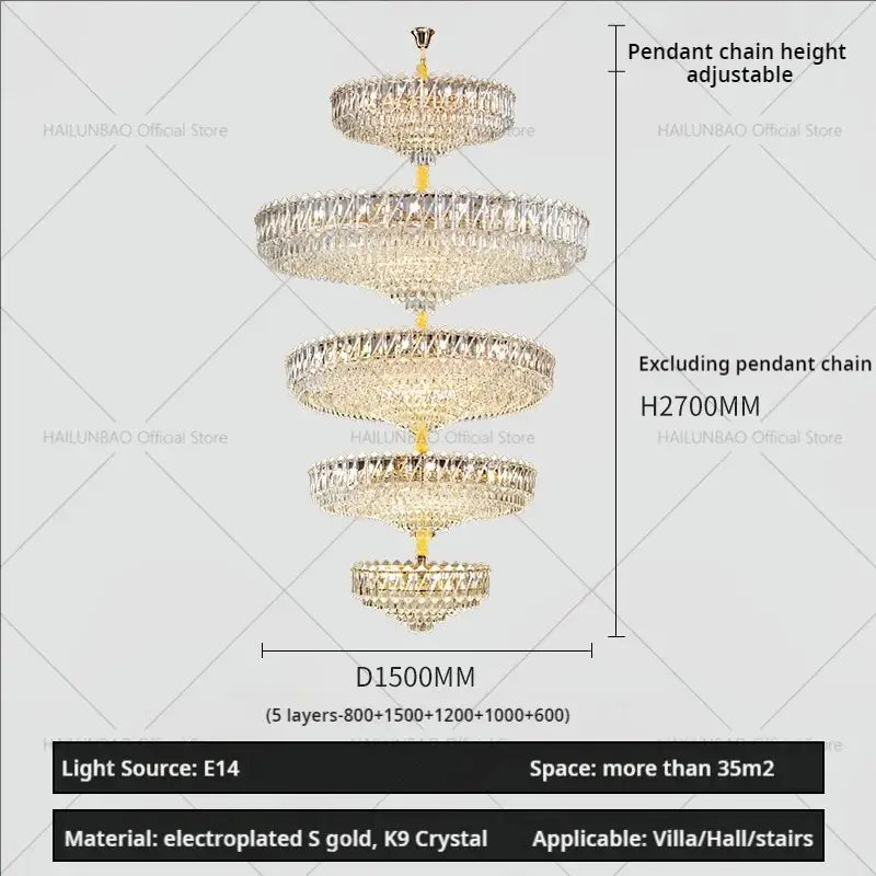 Modern gold multi tiered crystal living room chandelier with five concentric k9 crystal layers and adjustable pendant chain