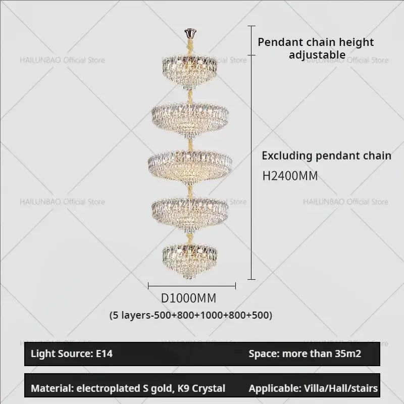Elegant five-tier modern gold multi tiered crystal living room chandelier with electroplated gold finish and k9 crystals
