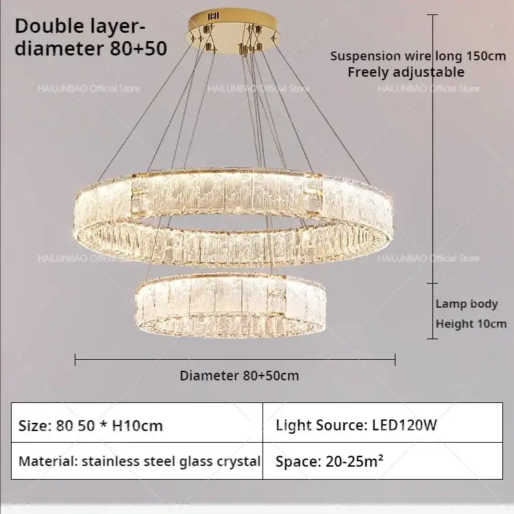 Modern gold double ring crystal living room chandelier with stainless steel frame and sparkling decorbites crystal living accents