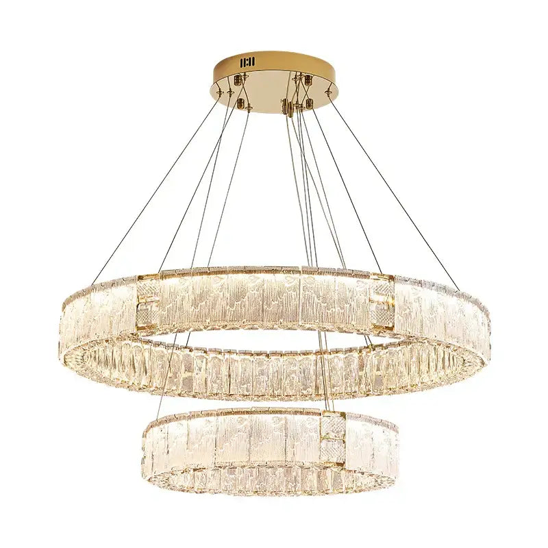 Modern gold double ring crystal living room chandelier with clear textured crystal panels for decorbites crystal living decor