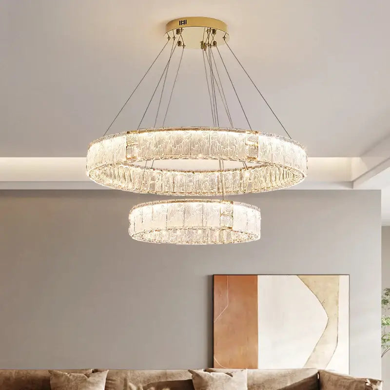Modern gold double ring crystal living room chandelier with clear faceted crystal rings and metallic wire suspension