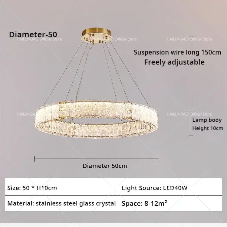 Modern gold double ring crystal living room chandelier with gold-toned stainless steel frame and cascading crystals decorbites crystal living
