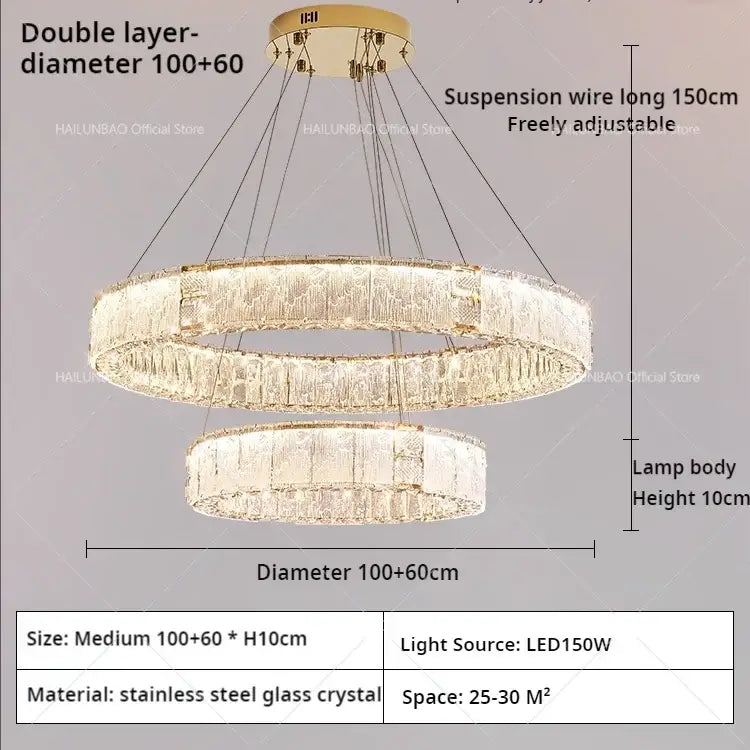Modern gold double ring crystal living room chandelier with stainless steel frame and cascading crystal glass decorbites crystal living