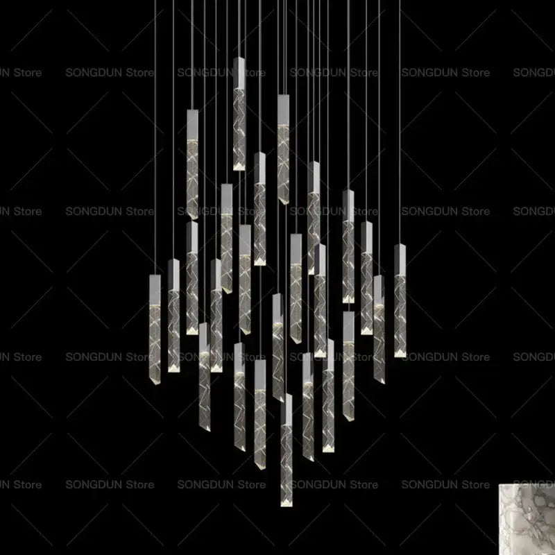 Modern geometric silver and gold crystal loft chandelier with sleek hanging rectangular light fixtures by decorbites crystal loft