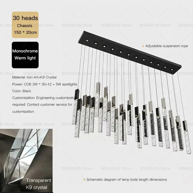 Black modern geometric decorbites crystal loft chandelier with 30 warm iron and k9 crystal light heads for living room