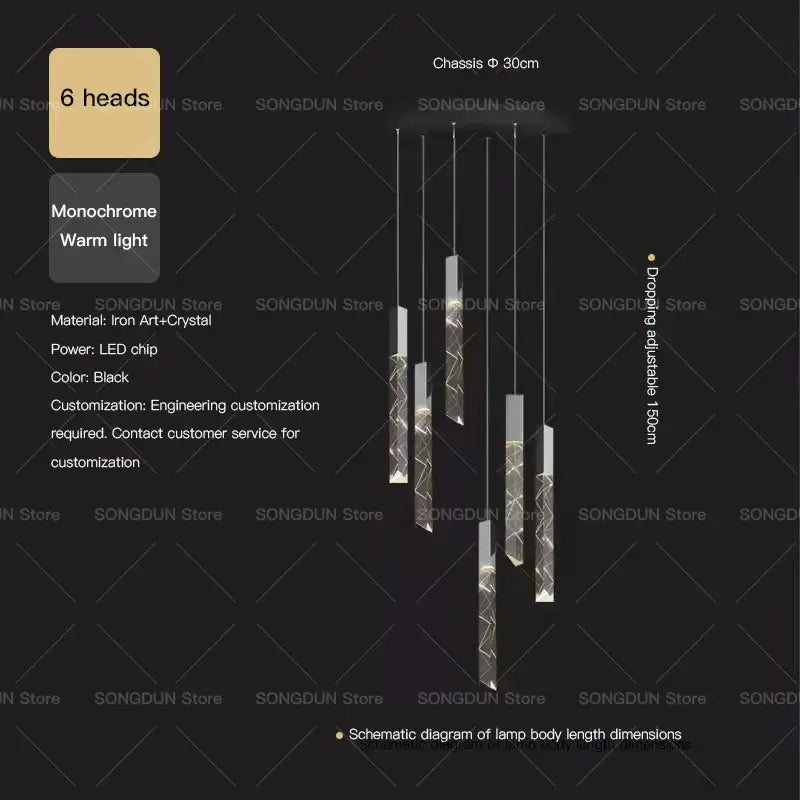 Modern geometric silver and gold crystal loft chandelier with six slender iron and crystal heads for living room decorbites crystal loft
