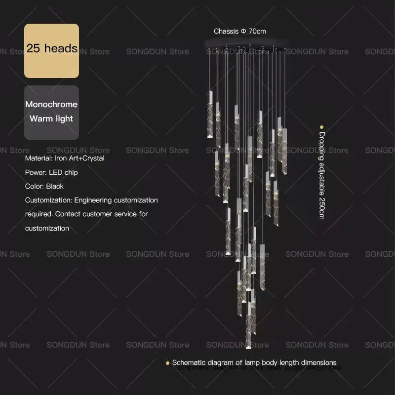 Black monochrome decorbites crystal loft chandelier with 25 crystal-encrusted iron art heads adjustable to 250cm