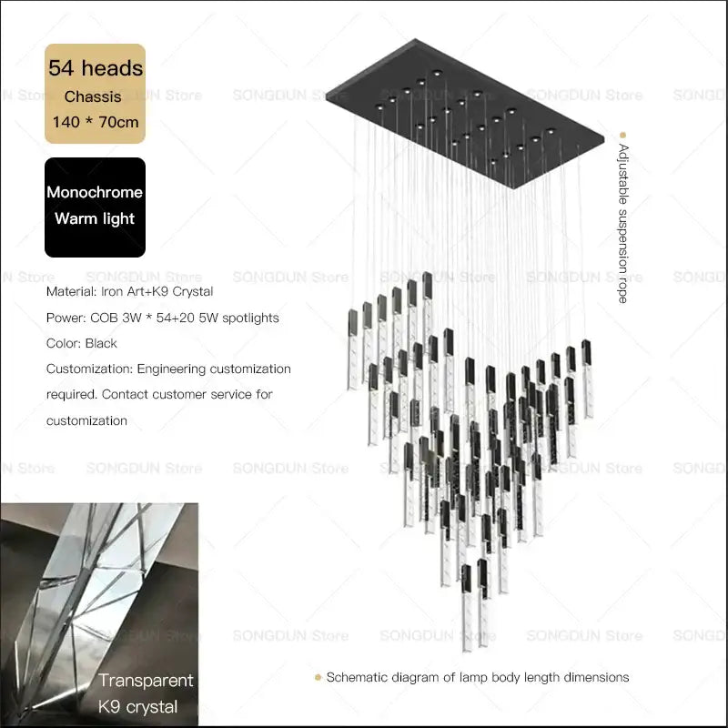 Black modern crystal loft chandelier with 54 crystal-encased spotlights on iron chassis decorbites crystal loft decor