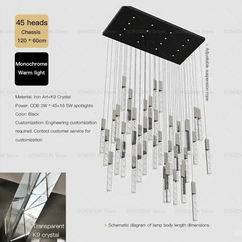 Black modern decorbites crystal loft chandelier with 45 crystal light heads on a rectangular iron chassis for living room