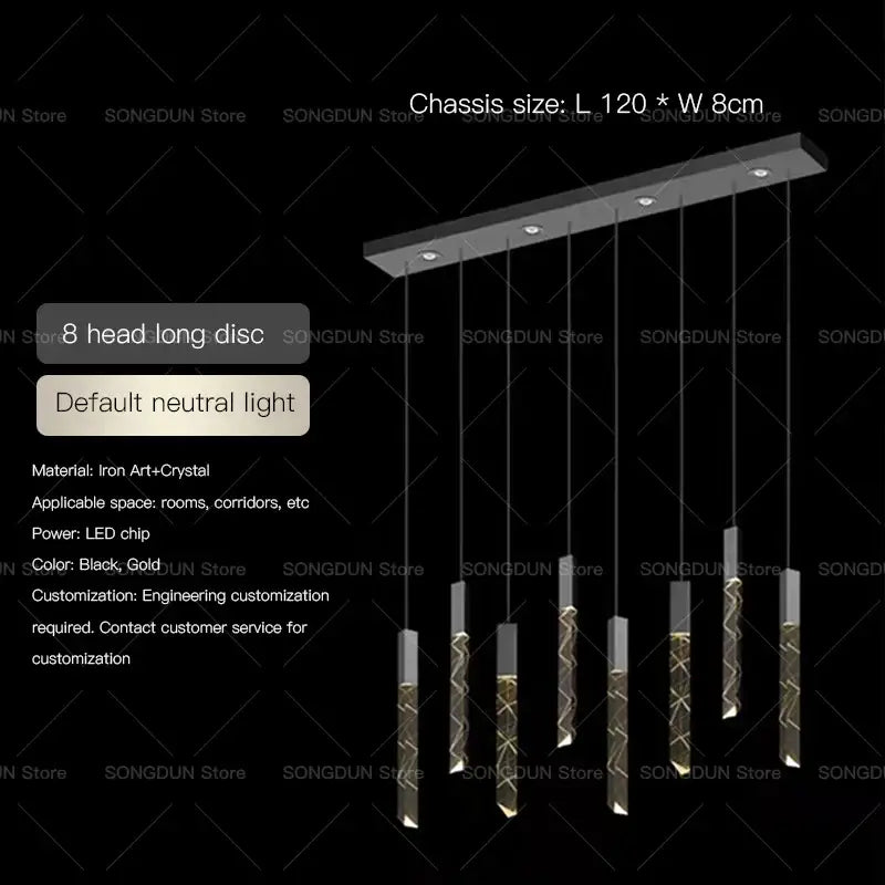 Modern black and gold eight-head long-disc iron art pendant light with crystals for decorbites crystal loft chandelier