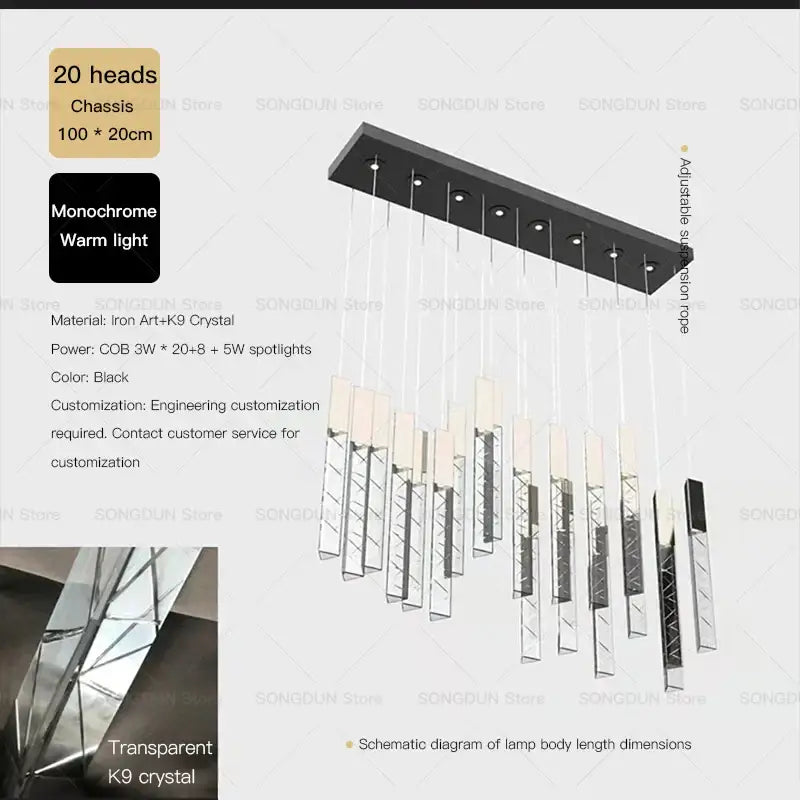 Black modern geometric iron chandelier with 20 transparent k9 crystal pendant lights decorbites crystal loft design