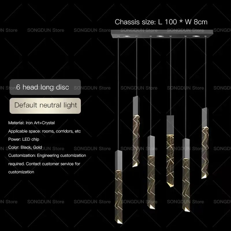 Six-head long-disc pendant light with black and gold iron art and crystal design for decorbites crystal loft chandelier