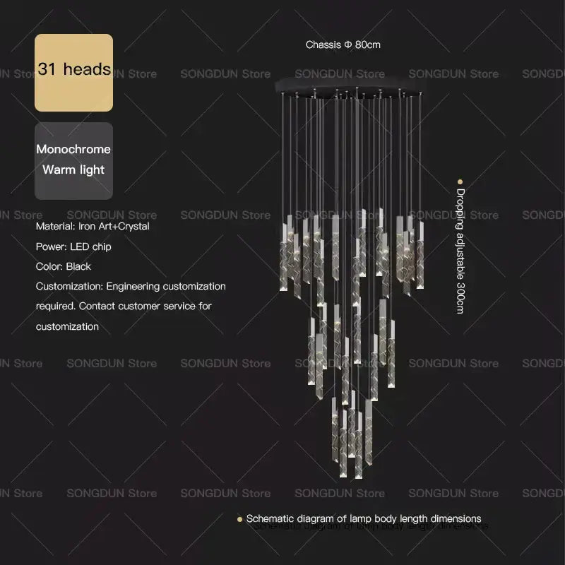 Black modern decorbites crystal loft chandelier with 31 crystal encrusted led light heads in iron frame for living room