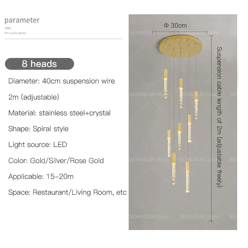 Modern geometric silver and gold crystal loft chandelier with gold-toned spiral design and eight crystal-encrusted led lights decorbites crystal loft