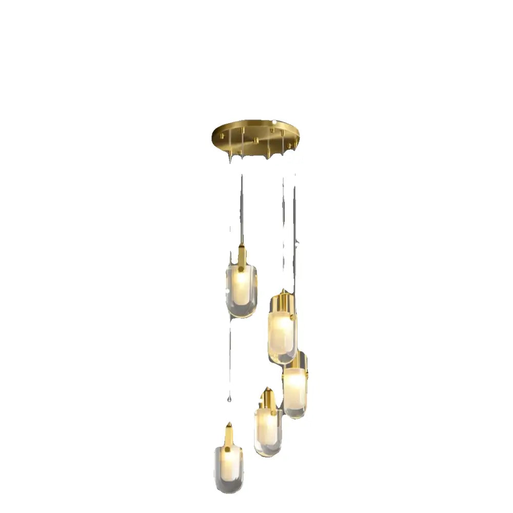 Modern gold crystal loft chandelier with five cascading glass pendant lights for living room lighting