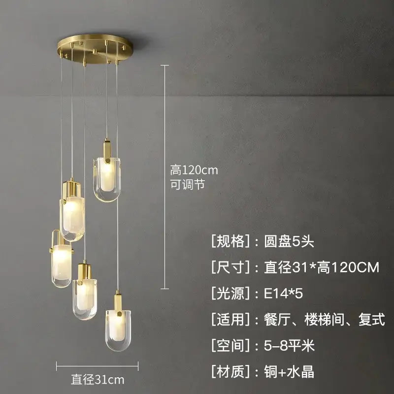 Modern gold cascading crystal loft chandelier with five clear glass shades and brass accents for living room lighting