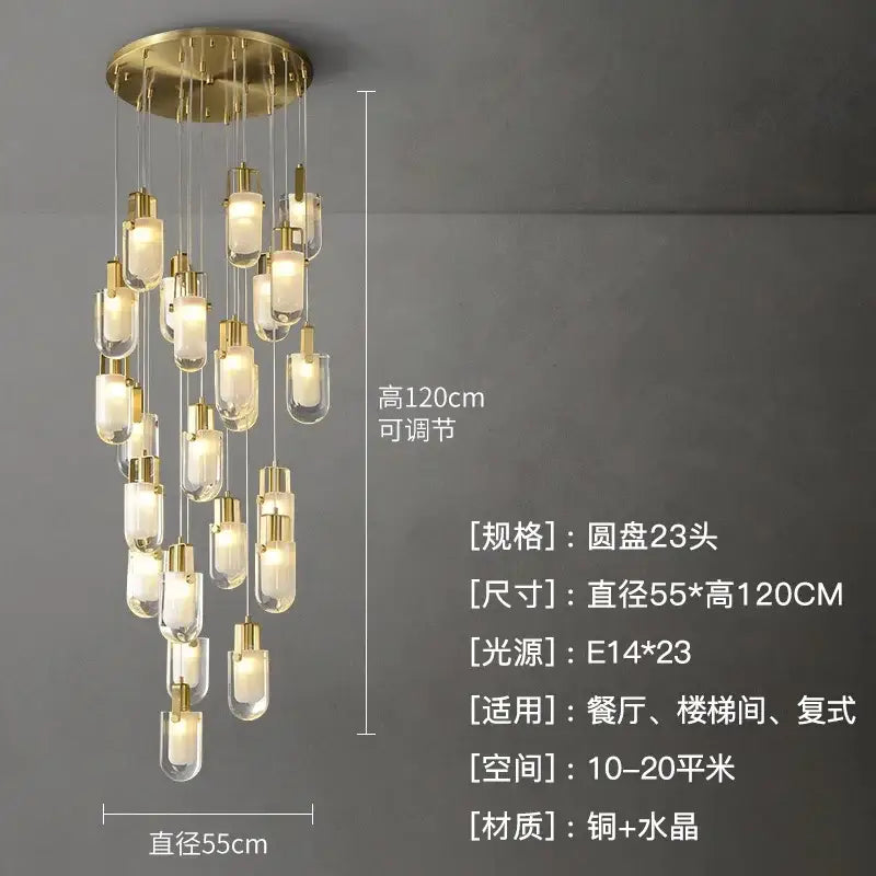 Modern gold cascading crystal loft chandelier with clear glass pendant lights and brass base for living room