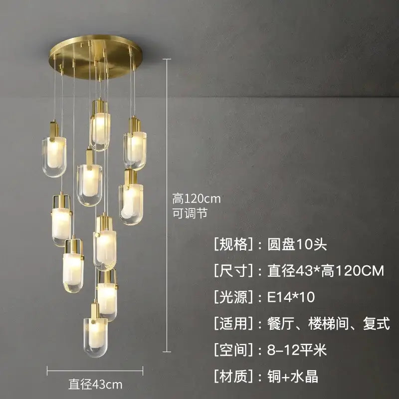 Modern gold cascading crystal loft chandelier with ten clear glass pendants and copper base for living room lighting