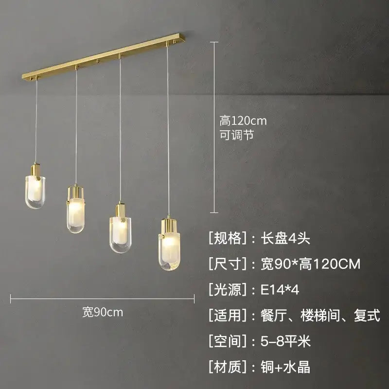 Modern brass and crystal pendant loft chandelier with four adjustable arms for living room lighting
