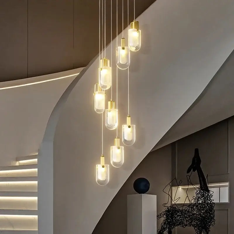 Modern gold cascading crystal loft chandelier with frosted glass shades for living room lighting and decor