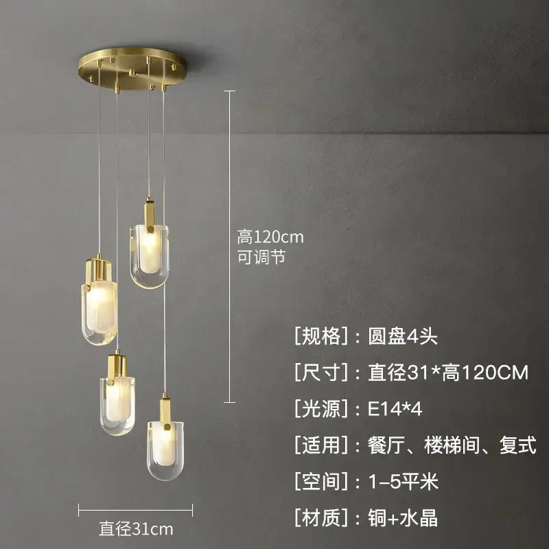 Modern gold cascading crystal loft chandelier with four clear glass shades and circular copper base for living room