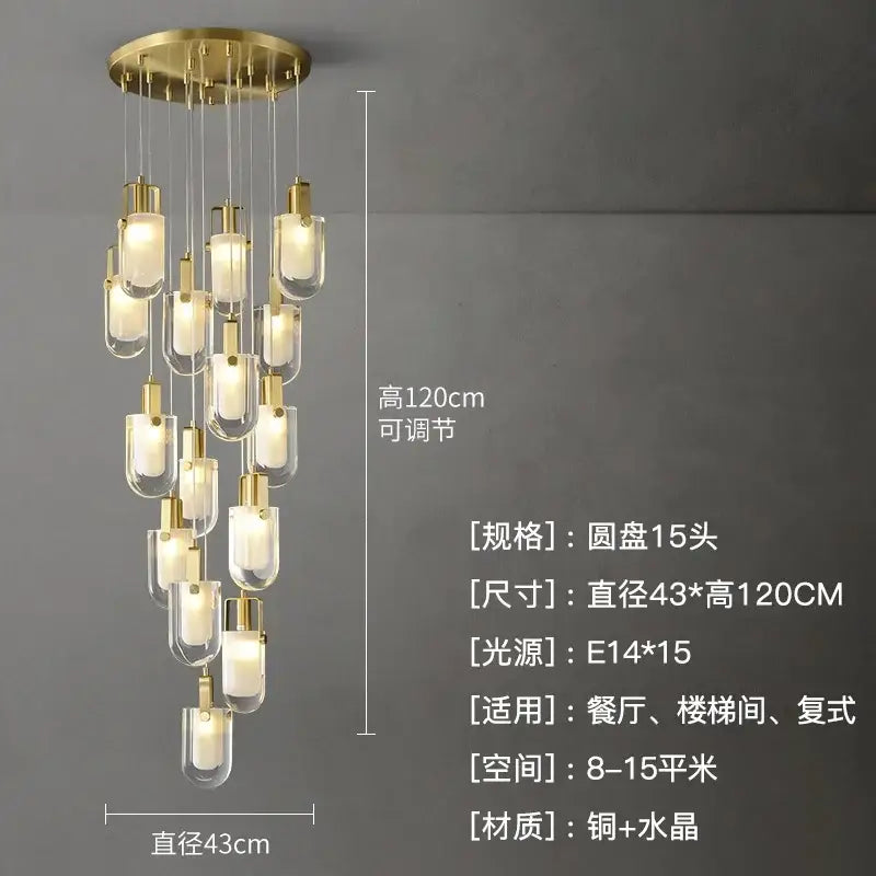 Modern gold cascading crystal loft chandelier with 15 golden-toned copper fixtures and clear glass shades for living room